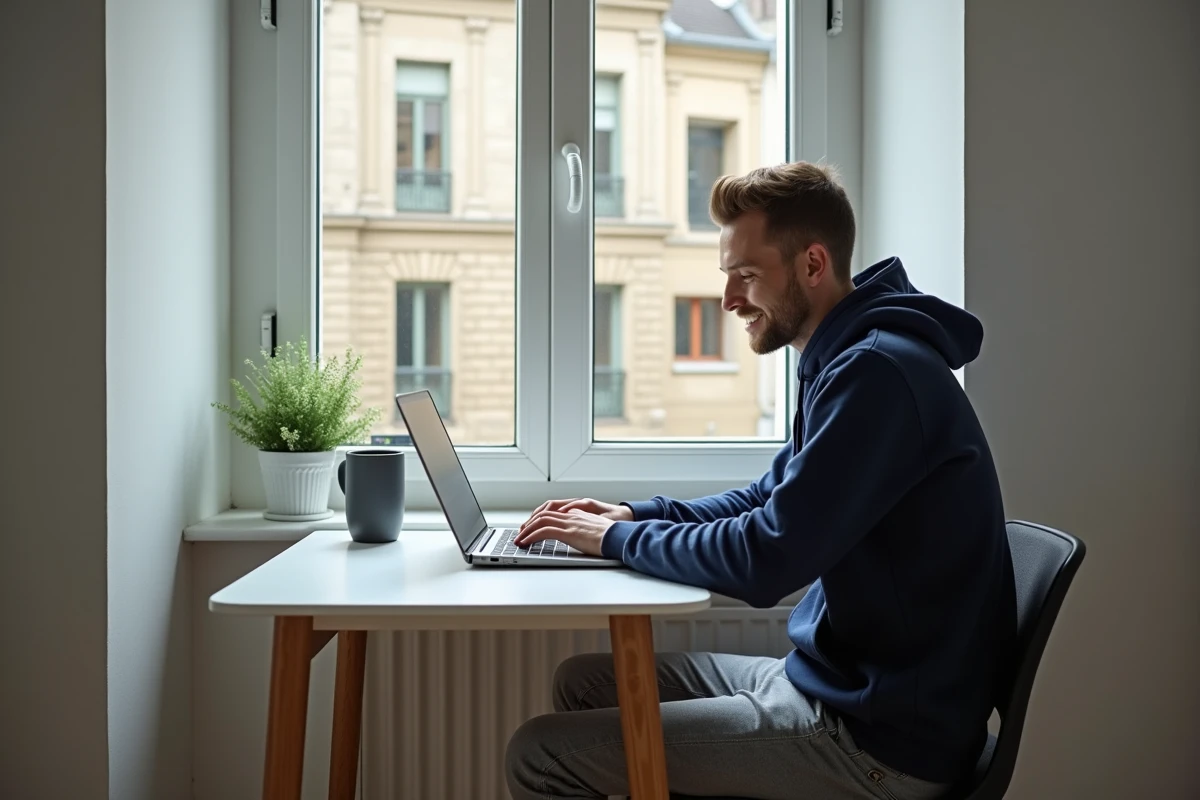 Jeune étudiant travaillant sur son ordinateur dans un studio moderne et lumineux à La Roche sur Yon