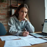 Étudiante analysant des documents de prêt immobilier à son bureau avec un ordinateur portable affichant une simulation bancaire