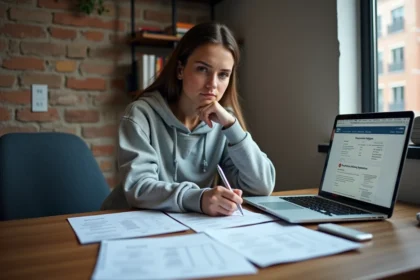 Étudiante analysant des documents de prêt immobilier à son bureau avec un ordinateur portable affichant une simulation bancaire