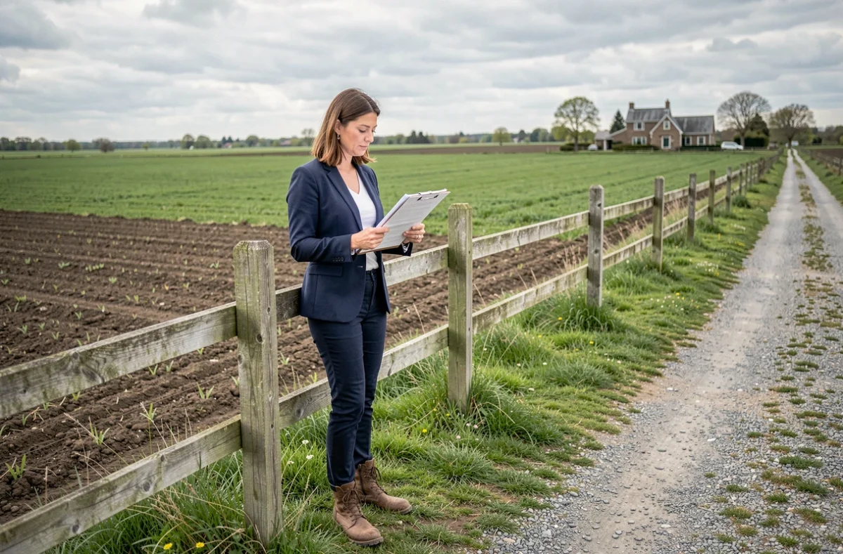 Femme professionnelle évaluant un terrain agricole avec des documents fonciers à la main