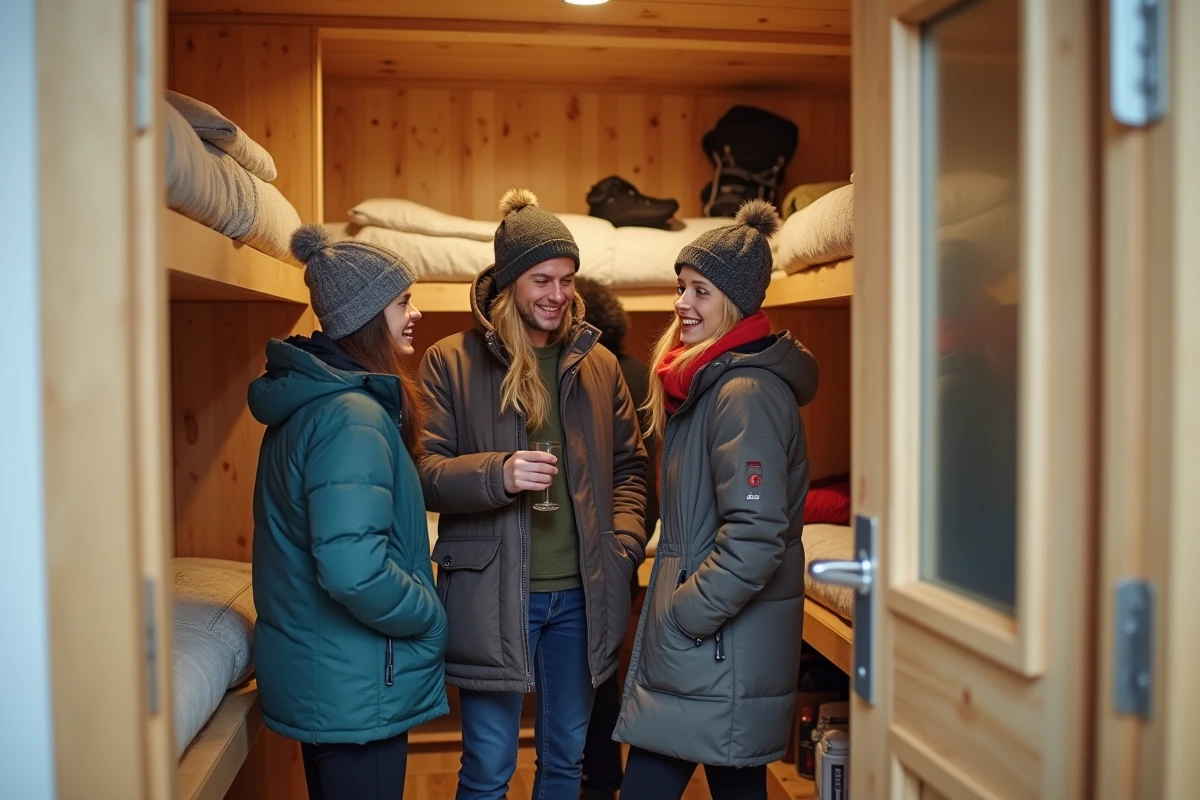 Amis vérifiant un lit superposé dans une chambre de location