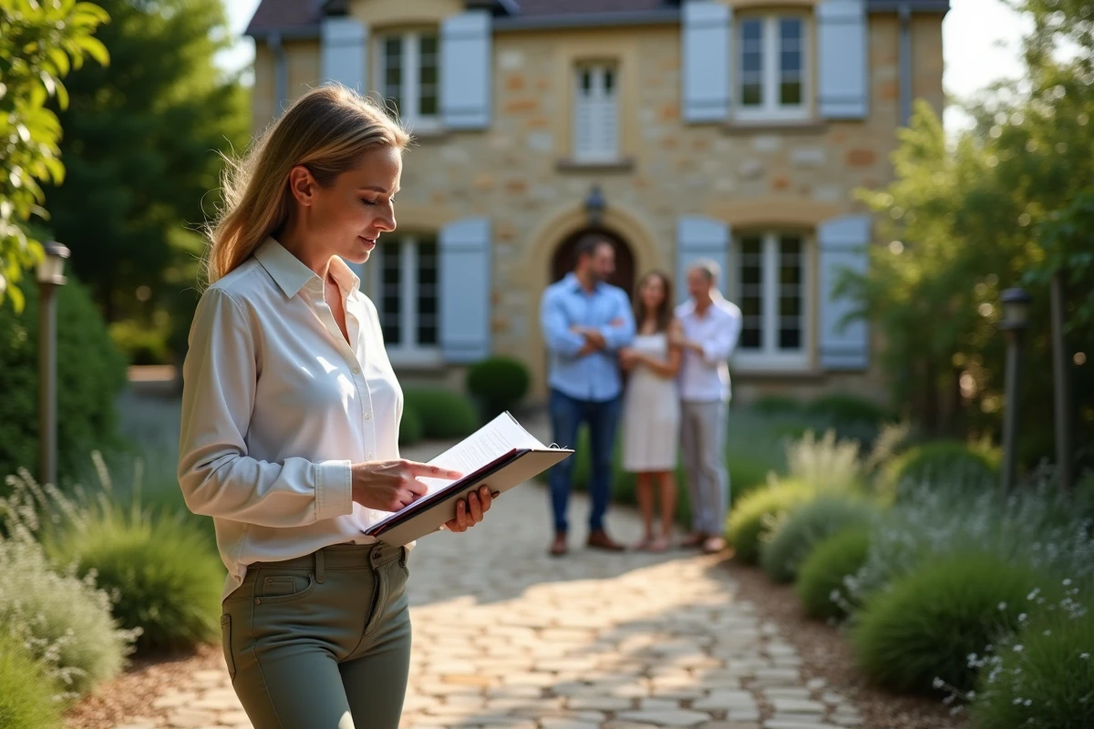 Femme évaluant une maison en pierre avec une famille dans le jardin