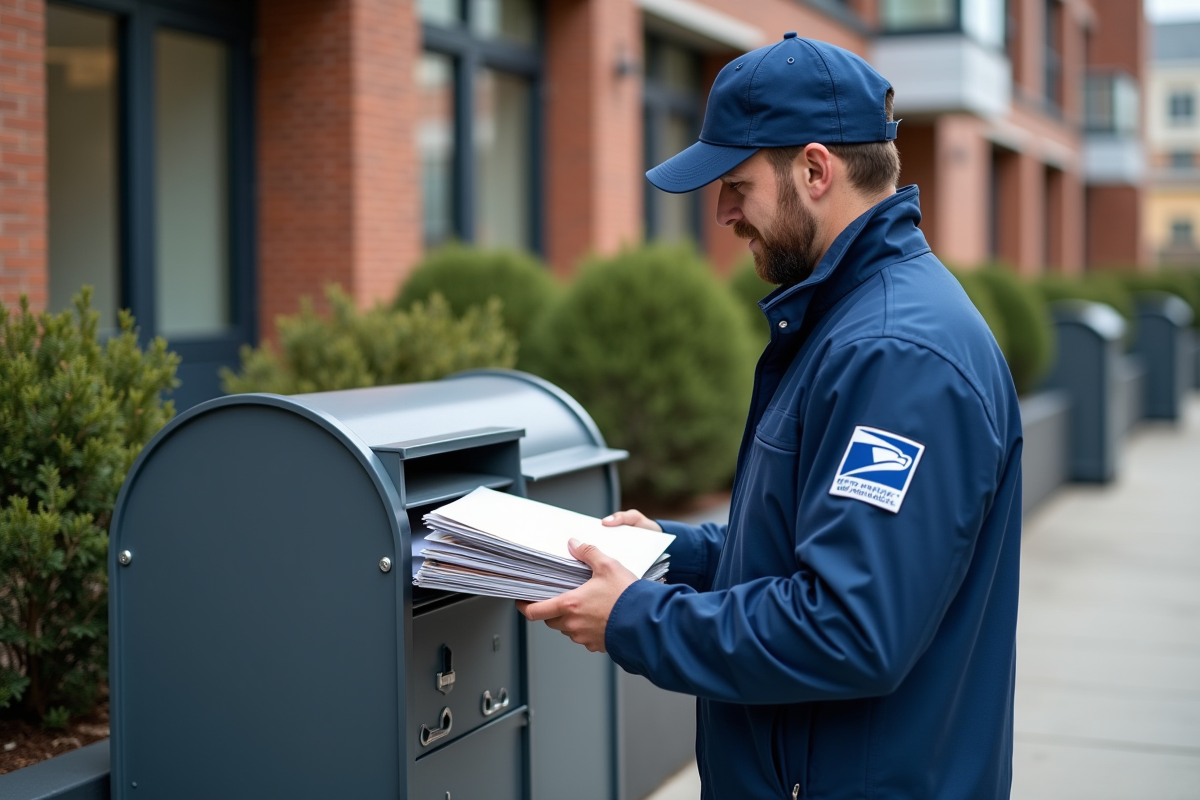 Facteur déposant du courrier dans une boîte aux lettres extérieure