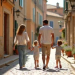 Famille avec deux enfants se promenant dans une rue pavée d'un village du sud de la France lors d'un déménagement