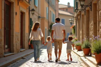 Famille avec deux enfants se promenant dans une rue pavée d'un village du sud de la France lors d'un déménagement