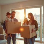 Famille heureuse emportant des cartons dans un appartement moderne