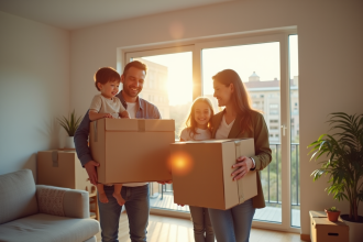 Famille heureuse emportant des cartons dans un appartement moderne