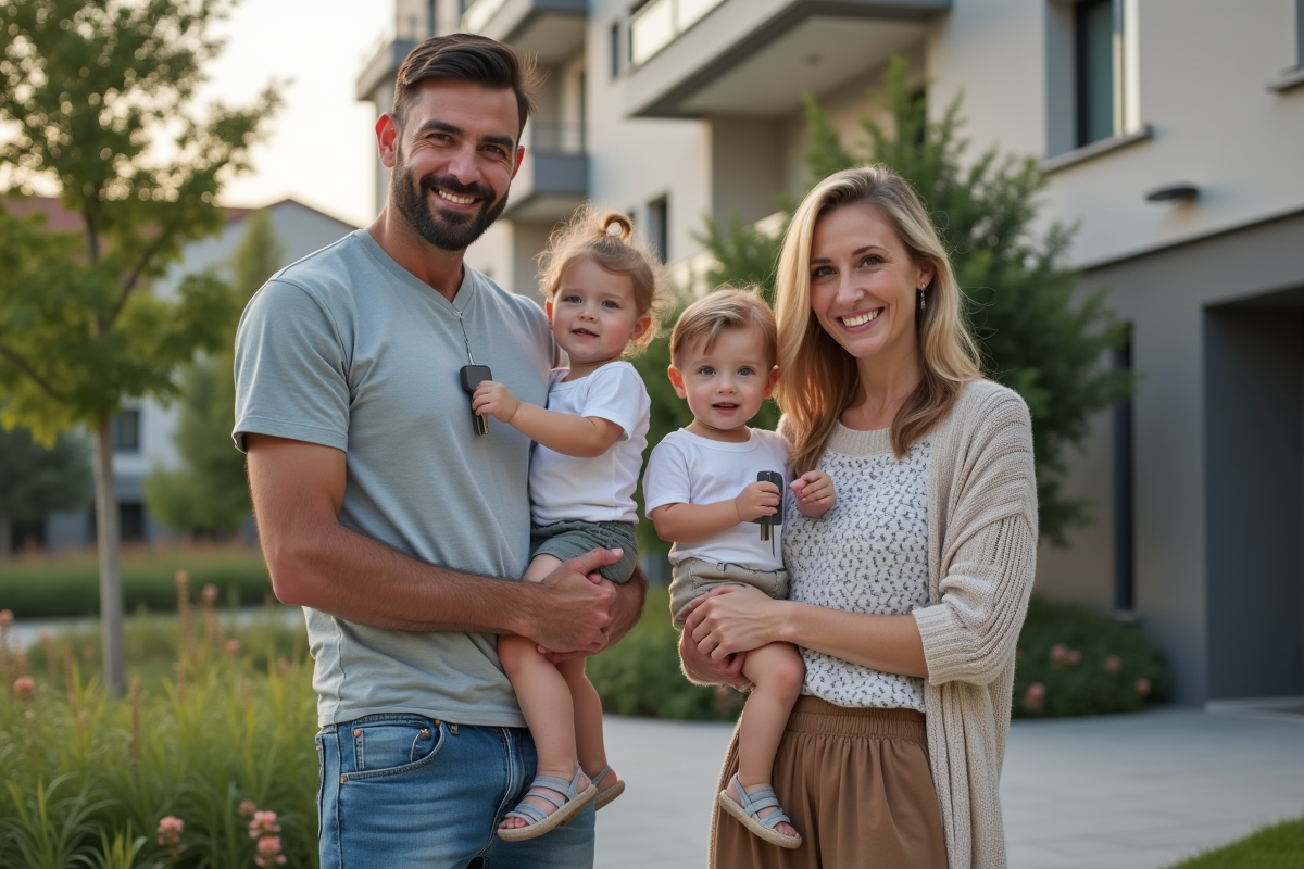 Famille avec clés devant un immeuble rénové