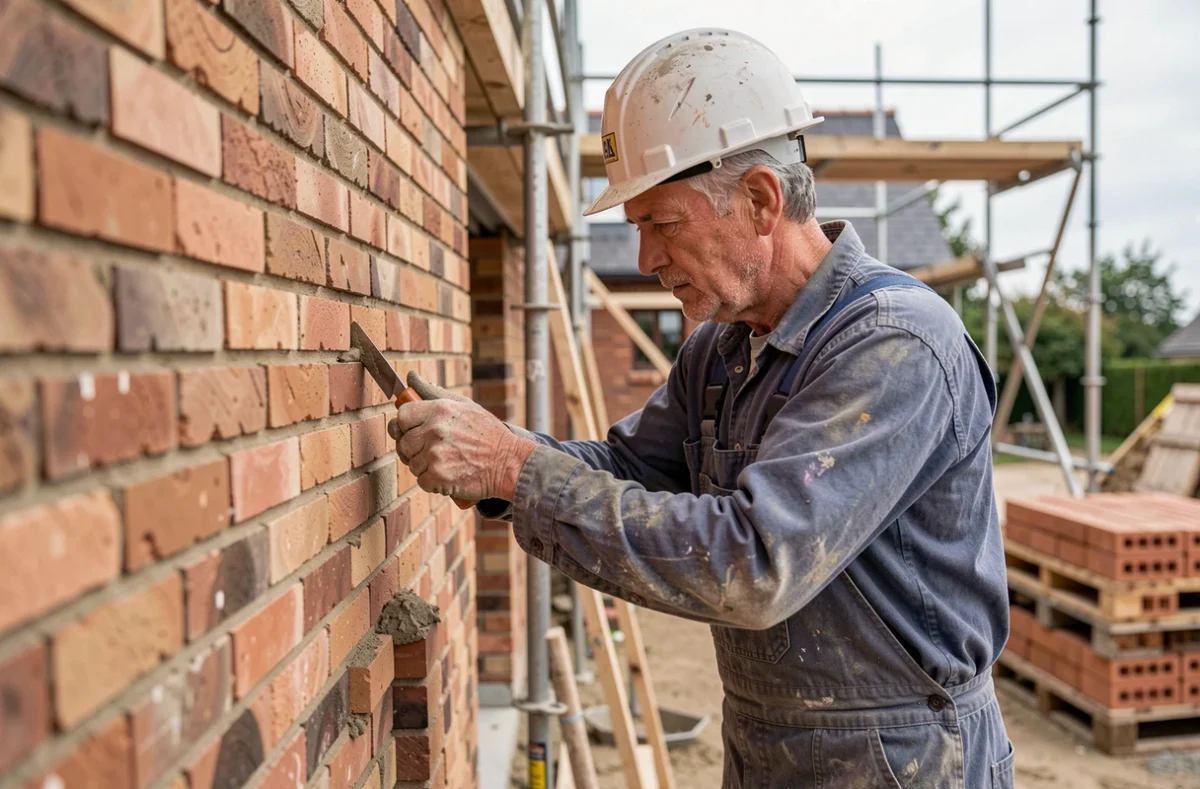 Artisan maçon posant des briques sur un chantier de maison individuelle dans le Nord de la France