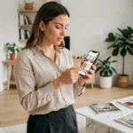Femme utilisant une application de décoration d'intérieur sur smartphone dans un salon contemporain épuré