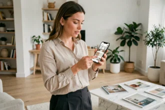 Femme utilisant une application de décoration d'intérieur sur smartphone dans un salon contemporain épuré