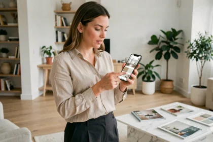Femme utilisant une application de décoration d'intérieur sur smartphone dans un salon contemporain épuré