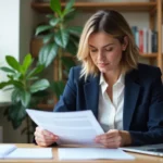Femme examinant des documents d'assurance emprunteur pour son crédit immobilier à La Banque Postale