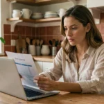 Femme consultant une assurance habitation en ligne sur son ordinateur portable dans une cuisine moderne