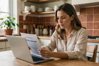Femme consultant une assurance habitation en ligne sur son ordinateur portable dans une cuisine moderne
