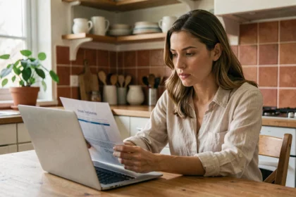 Femme consultant une assurance habitation en ligne sur son ordinateur portable dans une cuisine moderne