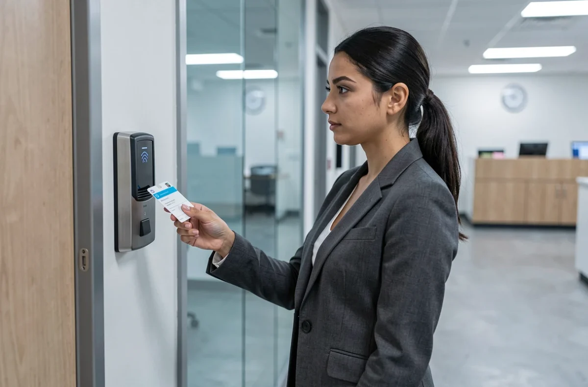 Femme utilisant un badge d'accès RFID devant un lecteur de carte sécurisé dans un couloir de bureaux modernes