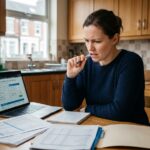 Femme consultant des documents de prêt immobilier et un simulateur de crédit sur ordinateur avec un budget mensuel de 1800€