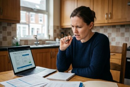Femme consultant des documents de prêt immobilier et un simulateur de crédit sur ordinateur avec un budget mensuel de 1800€