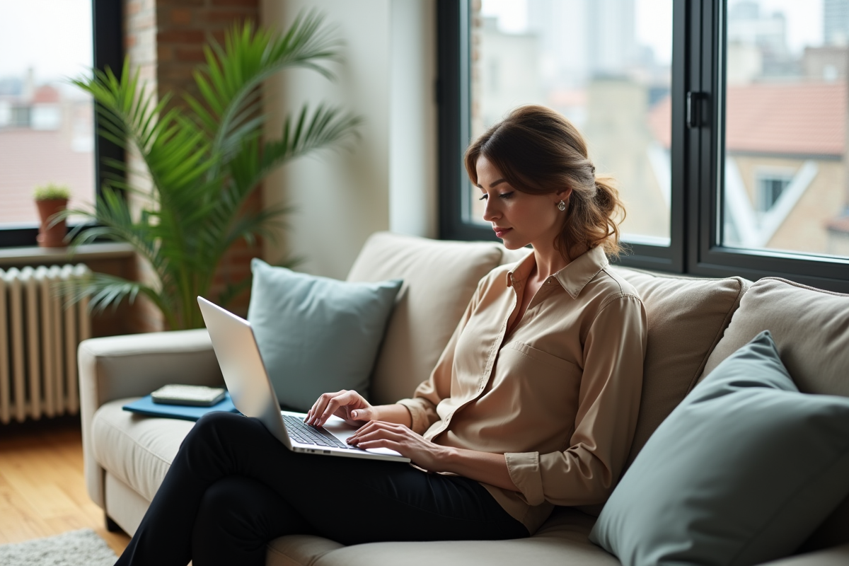 Femme calculant taxes immobilières dans son salon