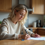 Femme remplissant un formulaire de changement d'adresse dans la cuisine