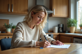 Femme remplissant un formulaire de changement d'adresse dans la cuisine