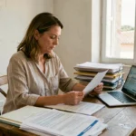 Femme consultant un contrat d'assurance habitation dans un bureau à l'ambiance provençale à Cannes