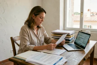 Femme consultant un contrat d'assurance habitation dans un bureau à l'ambiance provençale à Cannes
