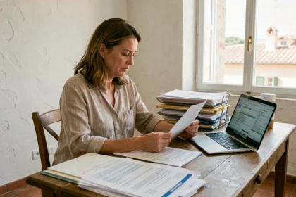 Femme consultant un contrat d'assurance habitation dans un bureau à l'ambiance provençale à Cannes