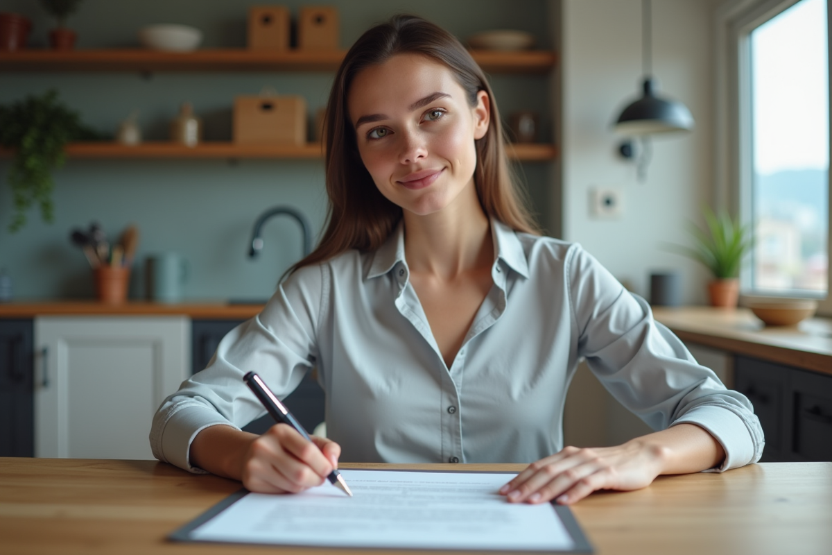Jeune femme lisant un contrat de déménagement dans sa cuisine