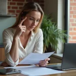 Femme d'affaires lisant un contrat de location dans un appartement