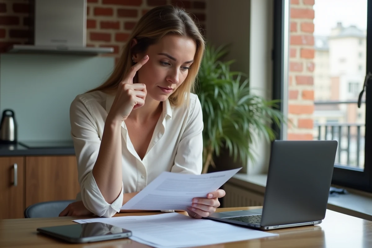 Femme d'affaires lisant un contrat de location dans un appartement