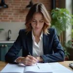 Femme en blazer bleu examine un dossier de location à Paris