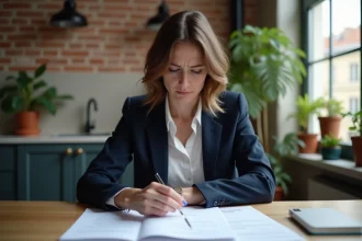 Femme en blazer bleu examine un dossier de location à Paris
