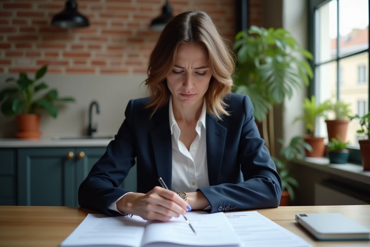 Femme en blazer bleu examine un dossier de location à Paris