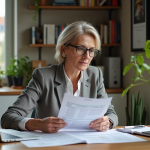 Femme française concentrée sur ses documents de location