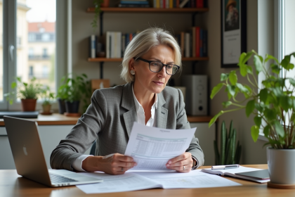 Femme française concentrée sur ses documents de location