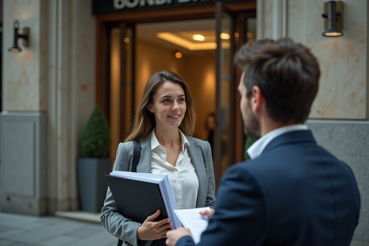 Jeune femme parle avec un conseiller financier devant une banque