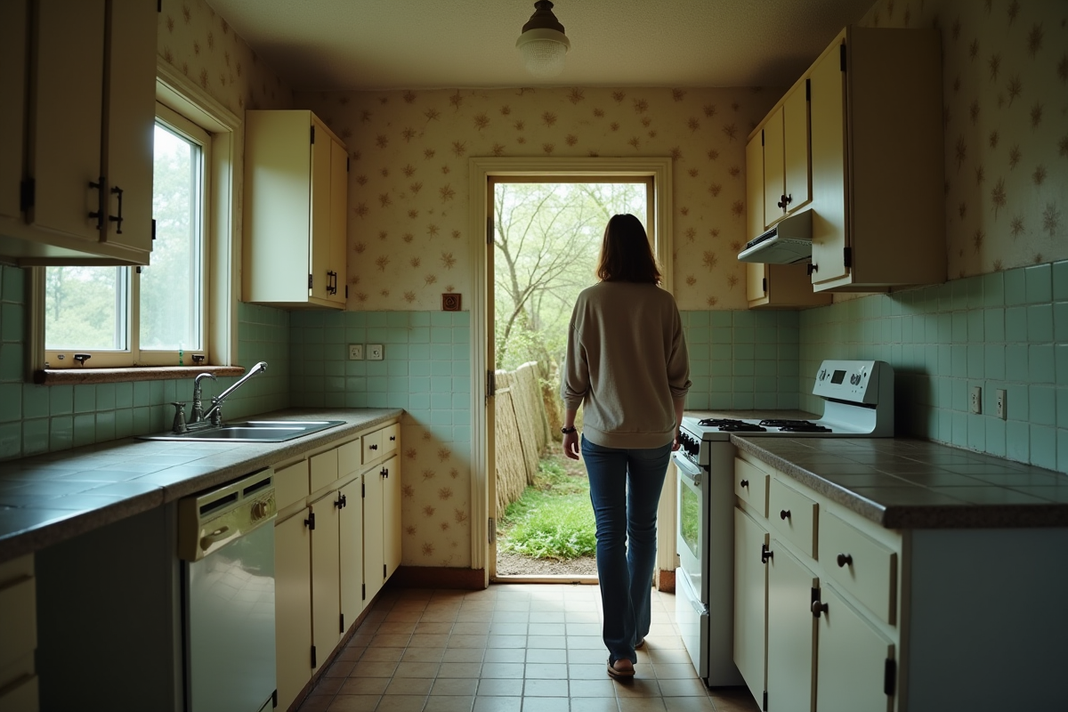 Jeune femme dans une cuisine abandonnée et vétuste
