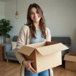 Femme souriante déballant un carton dans un appartement neuf