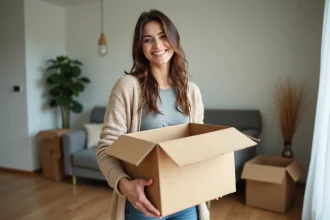 Femme souriante déballant un carton dans un appartement neuf