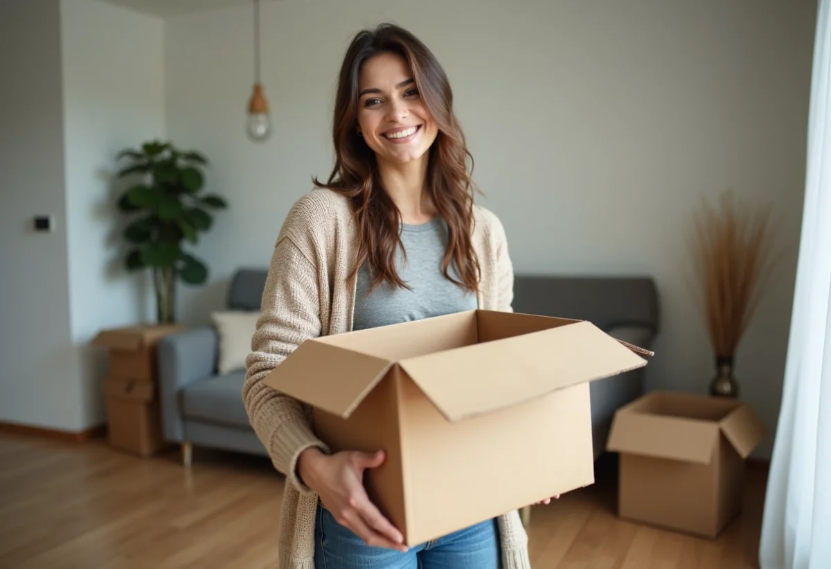 Femme souriante déballant un carton dans un appartement neuf
