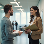 Femme en discussion avec un homme dans un bureau logement