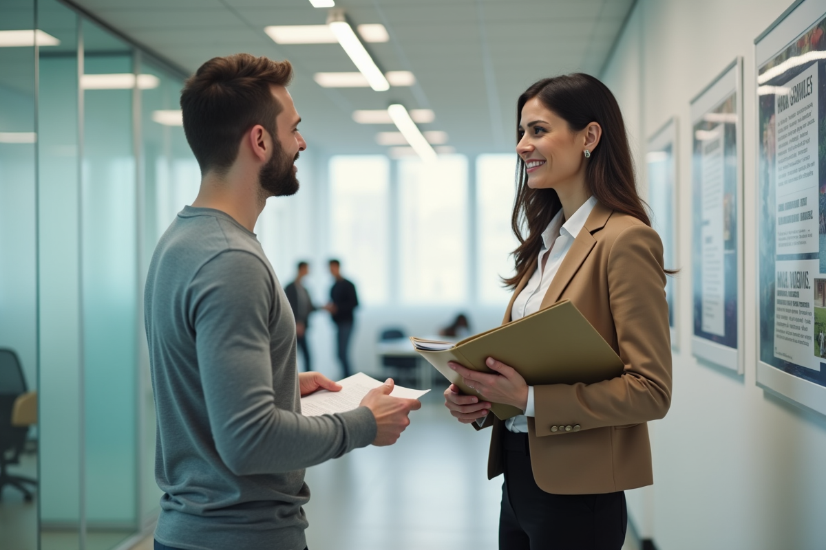 Femme en discussion avec un homme dans un bureau logement