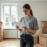 Jeune femme consultant un document EDF dans un appartement vide le jour d'un emménagement