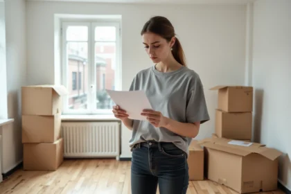 Jeune femme consultant un document EDF dans un appartement vide le jour d'un emménagement