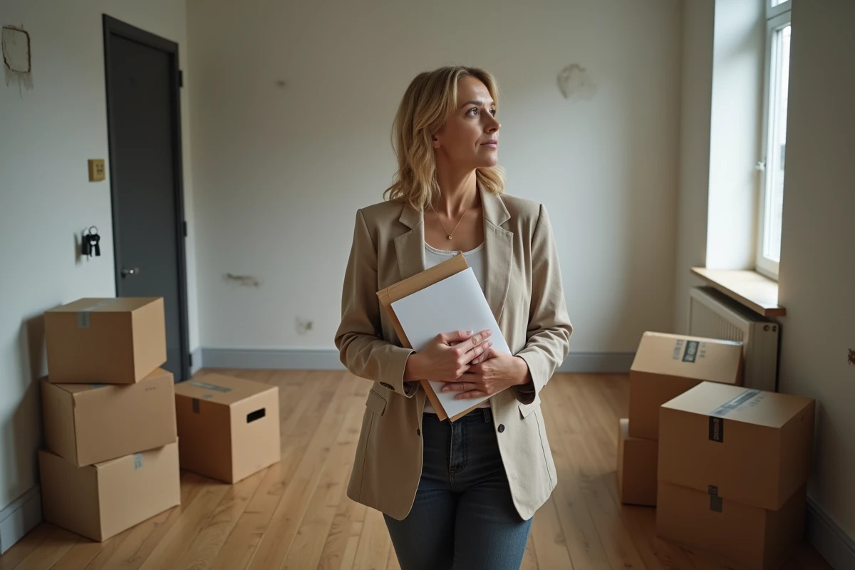 Femme tenant des documents juridiques dans un appartement en cours de déménagement suite à une séparation et un litige de crédit immobilier