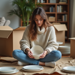 Femme emballant des assiettes en papier recyclé dans un salon
