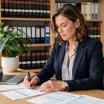 Femme entrepreneur en train d'analyser des documents fiscaux pour créer une SCI à l'IS ou à l'IR dans un bureau moderne