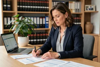 Femme entrepreneur en train d'analyser des documents fiscaux pour créer une SCI à l'IS ou à l'IR dans un bureau moderne
